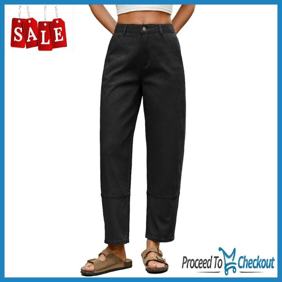 High Waisted Wide Leg Cropped Pants Twill Cotton Casual Straight Leg